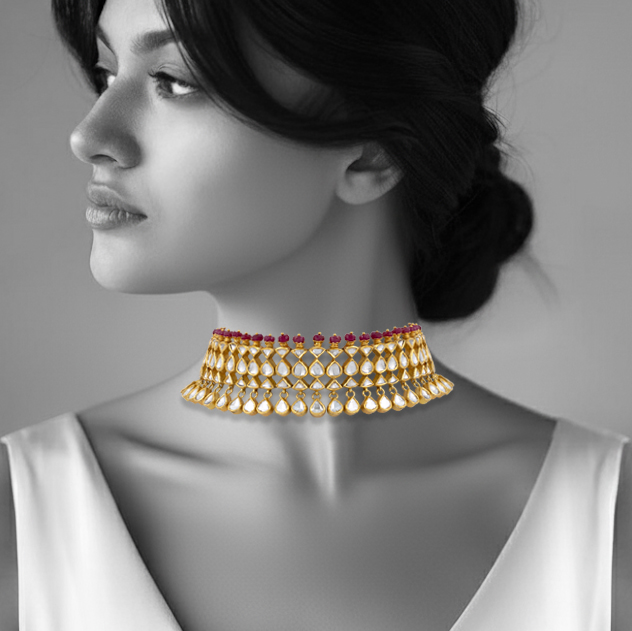 Polki Choker with Red Beaded Fungar and Teardrop Drops